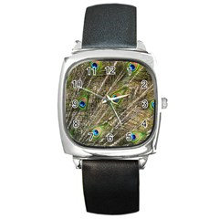 Green Peacock Feathers Color Plumage Square Metal Watch by Pakrebo