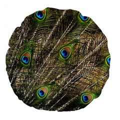 Green Peacock Feathers Color Plumage Large 18  Premium Flano Round Cushions by Pakrebo