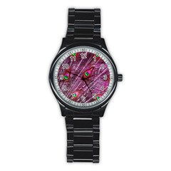 Red Peacock Feathers Color Plumage Stainless Steel Round Watch