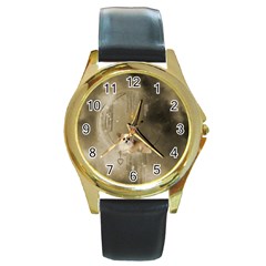 Cute Little Chihuahua With Hearts On The Moon Round Gold Metal Watch