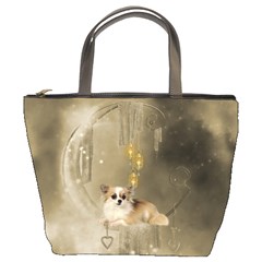 Cute Little Chihuahua With Hearts On The Moon Bucket Bag