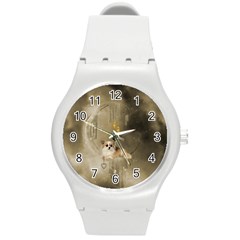 Cute Little Chihuahua With Hearts On The Moon Round Plastic Sport Watch (M)