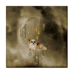 Cute Little Chihuahua With Hearts On The Moon Tile Coasters