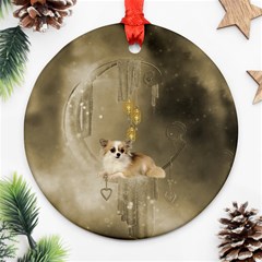 Cute Little Chihuahua With Hearts On The Moon Ornament (Round)