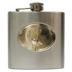 Cute Little Chihuahua With Hearts On The Moon Hip Flask (6 Oz) by FantasyWorld7