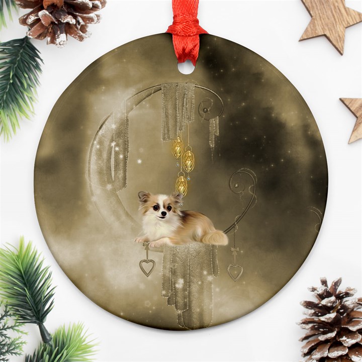 Cute Little Chihuahua With Hearts On The Moon Round Ornament (Two Sides)