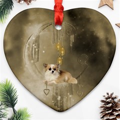 Cute Little Chihuahua With Hearts On The Moon Heart Ornament (Two Sides)