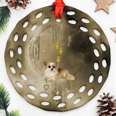 Cute Little Chihuahua With Hearts On The Moon Ornament (Round Filigree)