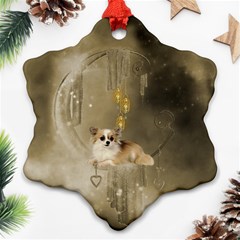 Cute Little Chihuahua With Hearts On The Moon Snowflake Ornament (Two Sides)