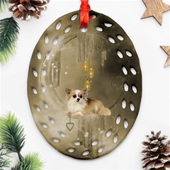 Cute Little Chihuahua With Hearts On The Moon Oval Filigree Ornament (Two Sides)