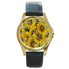 Surreal Sunflowers Round Gold Metal Watch by retrotoomoderndesigns