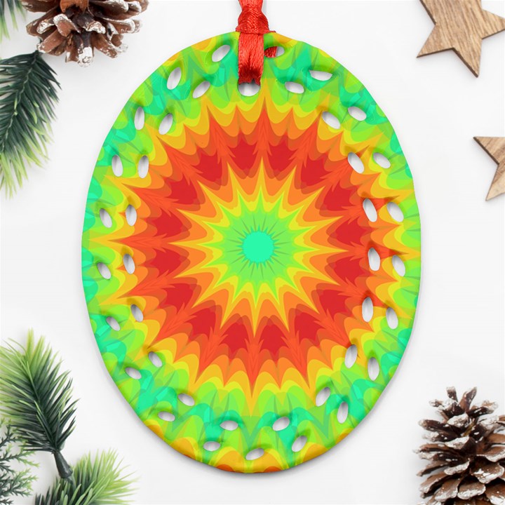 Kaleidoscope Background Red Yellow Ornament (Oval Filigree)