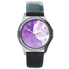 Purple Sky Star Moon Clouds Round Metal Watch by Mariart