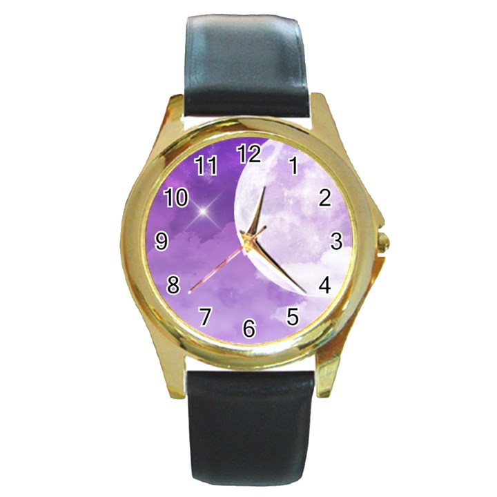 Purple Sky Star Moon Clouds Round Gold Metal Watch