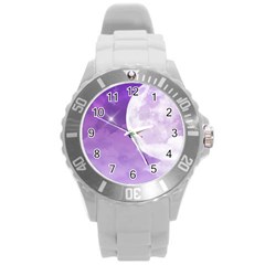 Purple Sky Star Moon Clouds Round Plastic Sport Watch (l) by Mariart