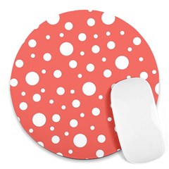 Polka Dot On Living Coral Round Mousepads by LoolyElzayat