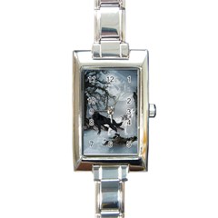 Awesome Black And White Wolf In The Dark Night Rectangle Italian Charm Watch by FantasyWorld7