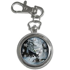 Awesome Black And White Wolf In The Dark Night Key Chain Watches by FantasyWorld7