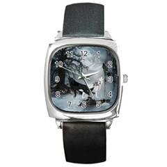 Awesome Black And White Wolf In The Dark Night Square Metal Watch by FantasyWorld7