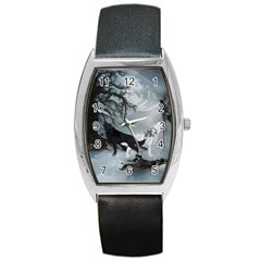 Awesome Black And White Wolf In The Dark Night Barrel Style Metal Watch by FantasyWorld7