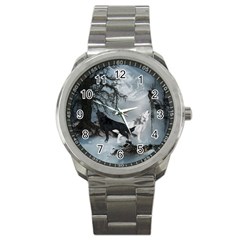 Awesome Black And White Wolf In The Dark Night Sport Metal Watch by FantasyWorld7