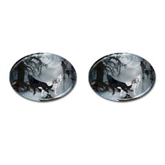 Awesome Black And White Wolf In The Dark Night Cufflinks (oval) by FantasyWorld7