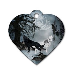 Awesome Black And White Wolf In The Dark Night Dog Tag Heart (one Side) by FantasyWorld7