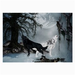 Awesome Black And White Wolf In The Dark Night Large Glasses Cloth by FantasyWorld7