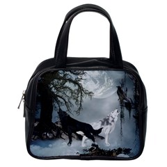 Awesome Black And White Wolf In The Dark Night Classic Handbag (one Side) by FantasyWorld7