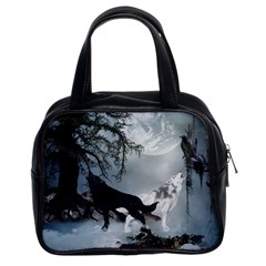 Awesome Black And White Wolf In The Dark Night Classic Handbag (two Sides) by FantasyWorld7