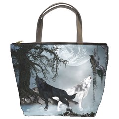 Awesome Black And White Wolf In The Dark Night Bucket Bag by FantasyWorld7