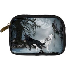 Awesome Black And White Wolf In The Dark Night Digital Camera Leather Case by FantasyWorld7