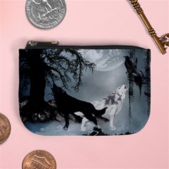 Awesome Black And White Wolf In The Dark Night Mini Coin Purse by FantasyWorld7