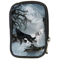 Awesome Black And White Wolf In The Dark Night Compact Camera Leather Case by FantasyWorld7