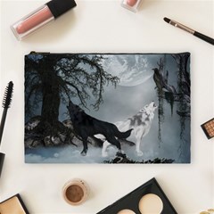 Awesome Black And White Wolf In The Dark Night Cosmetic Bag (large) by FantasyWorld7