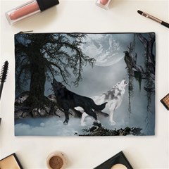 Awesome Black And White Wolf In The Dark Night Cosmetic Bag (xl) by FantasyWorld7