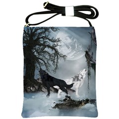 Awesome Black And White Wolf In The Dark Night Shoulder Sling Bag by FantasyWorld7