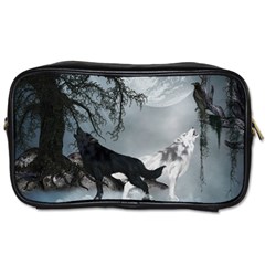 Awesome Black And White Wolf In The Dark Night Toiletries Bag (one Side) by FantasyWorld7