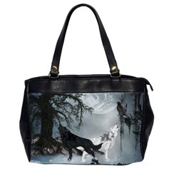 Awesome Black And White Wolf In The Dark Night Oversize Office Handbag (2 Sides) by FantasyWorld7