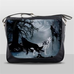 Awesome Black And White Wolf In The Dark Night Messenger Bag by FantasyWorld7