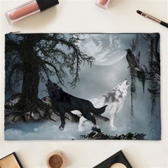 Awesome Black And White Wolf In The Dark Night Cosmetic Bag (xxl) by FantasyWorld7