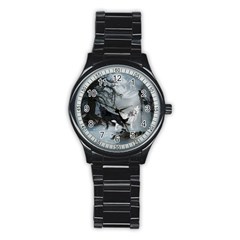 Awesome Black And White Wolf In The Dark Night Stainless Steel Round Watch by FantasyWorld7