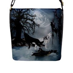 Awesome Black And White Wolf In The Dark Night Flap Closure Messenger Bag (l) by FantasyWorld7