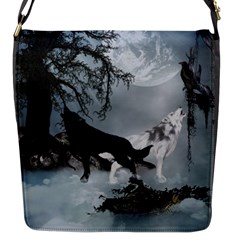 Awesome Black And White Wolf In The Dark Night Flap Closure Messenger Bag (s) by FantasyWorld7