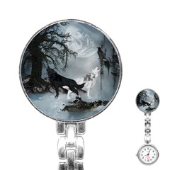 Awesome Black And White Wolf In The Dark Night Stainless Steel Nurses Watch by FantasyWorld7