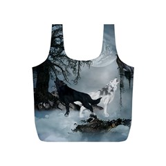 Awesome Black And White Wolf In The Dark Night Full Print Recycle Bag (s) by FantasyWorld7