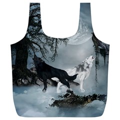 Awesome Black And White Wolf In The Dark Night Full Print Recycle Bag (xl) by FantasyWorld7