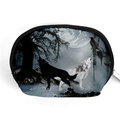 Awesome Black And White Wolf In The Dark Night Accessory Pouch (medium) by FantasyWorld7