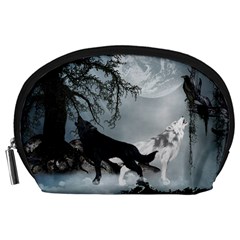 Awesome Black And White Wolf In The Dark Night Accessory Pouch (large) by FantasyWorld7