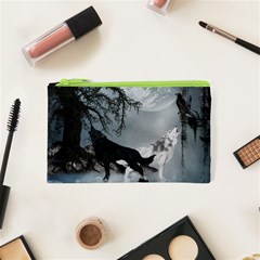 Awesome Black And White Wolf In The Dark Night Cosmetic Bag (xs) by FantasyWorld7